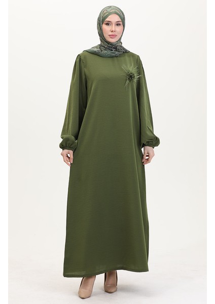 Broş Detaylı Elbise 0017-04 Haki