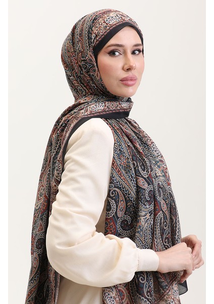 Karaca Etnik Desenli Koton Şal 81084-12 Siyah Kiremit