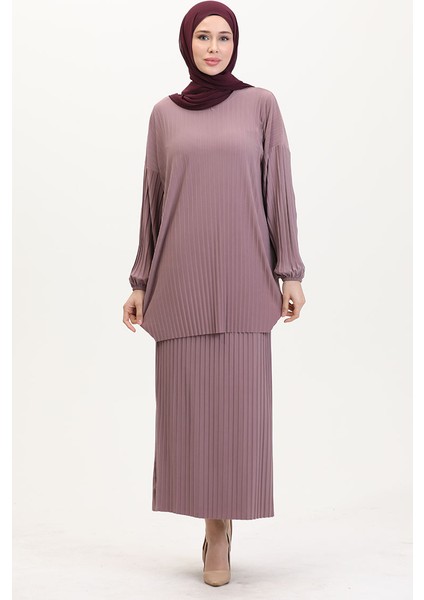 Piliseli Tunik Etek Ikili Takım 0015-06 Vizon