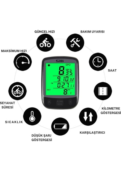 Sunding Km Sayacı Işıklı LCD Ekran Çok Fonksiyonlu Hız Göstergeli Bisiklet Bilgisayarı