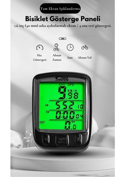Sunding Km Sayacı Işıklı LCD Ekran Çok Fonksiyonlu Hız Göstergeli Bisiklet Bilgisayarı