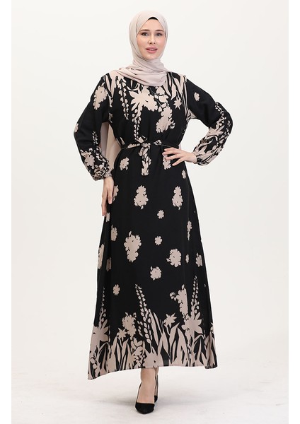 Desenli Kuşaklı Viskon Elbise 0018-04 Siyah Sütlü Kahve