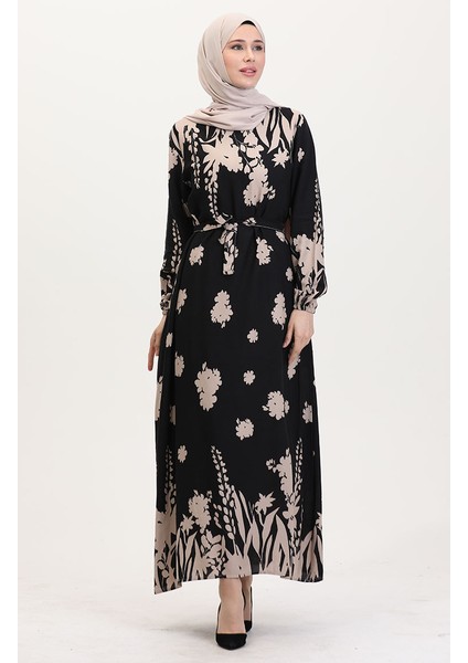 Desenli Kuşaklı Viskon Elbise 0018-04 Siyah Sütlü Kahve fiyatları