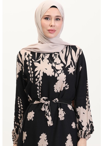 Desenli Kuşaklı Viskon Elbise 0018-04 Siyah Sütlü Kahve modelleri