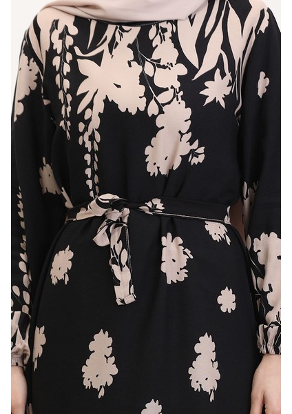 Desenli Kuşaklı Viskon Elbise 0018-04 Siyah Sütlü Kahve fırsatları