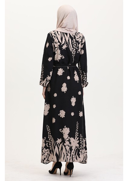 Desenli Kuşaklı Viskon Elbise 0018-04 Siyah Sütlü Kahve indirimleri