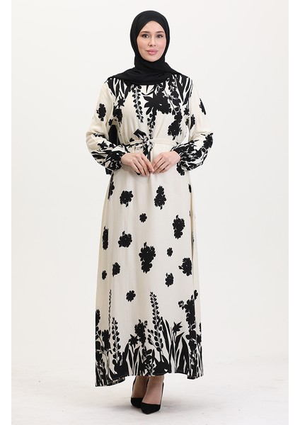 Desenli Kuşaklı Viskon Elbise 0018-05 Krem Siyah