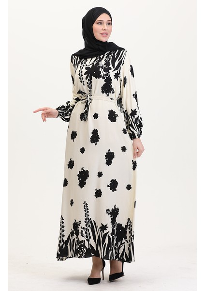 Desenli Kuşaklı Viskon Elbise 0018-05 Krem Siyah fiyatları