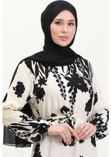 Desenli Kuşaklı Viskon Elbise 0018-05 Krem Siyah modelleri
