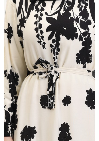 Desenli Kuşaklı Viskon Elbise 0018-05 Krem Siyah fırsatları