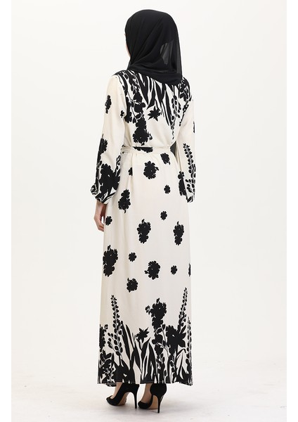 Desenli Kuşaklı Viskon Elbise 0018-05 Krem Siyah indirimleri