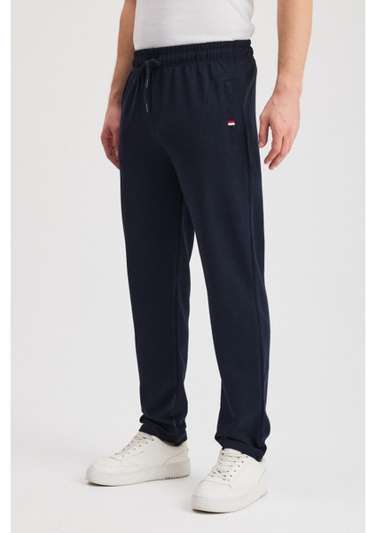 Lacivert Erkek Fermuarlı Cepli Nakış Detaylı Düz Paça Rahat Kesim Günlük Eşofman Altı