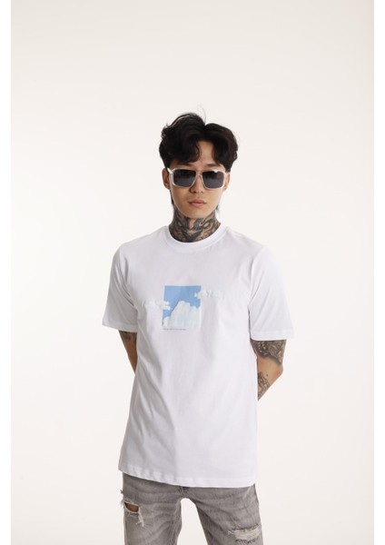 Bisiklet Yaka Erkek Kabaran Bulut Baskılı Pamuk T-Shirt