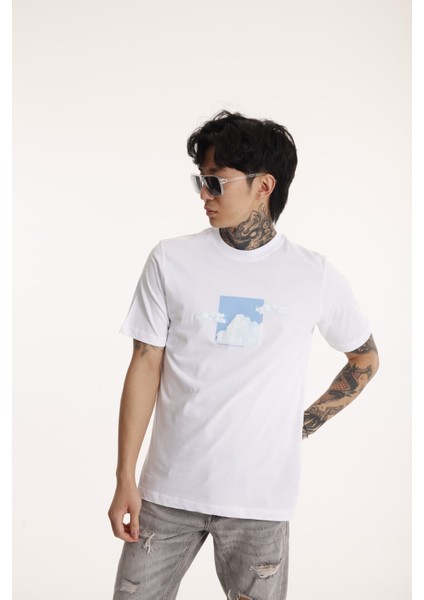 Bisiklet Yaka Erkek Kabaran Bulut Baskılı Pamuk T-Shirt modelleri