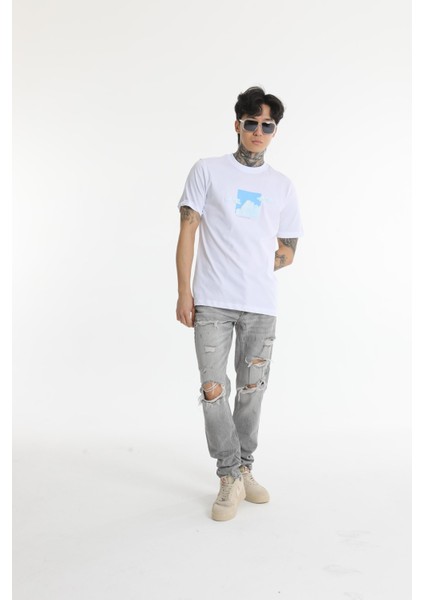Bisiklet Yaka Erkek Kabaran Bulut Baskılı Pamuk T-Shirt fırsatları