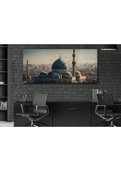 Yatay Ortadan Saatli Dini Temalı Cam Tablo YSOD112