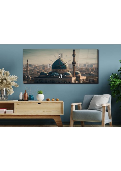 Yatay Ortadan Saatli Dini Temalı Cam Tablo YSOD112