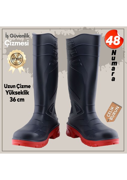 Uzun Çizme İş Güvenlik Çizmesi 48 Numara Inşaat Tarım Bahçe Kimya Petrol Çiftilik Gaz 36 cm