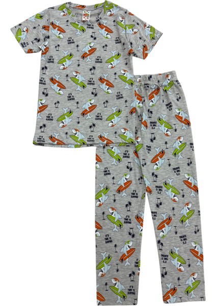 Erkek Çocuk Pamuklu Gri Balık Desenli Kısa Kollu Pijama Takımı