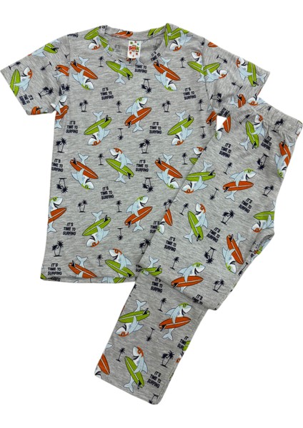 Erkek Çocuk Pamuklu Gri Balık Desenli Kısa Kollu Pijama Takımı fiyatları