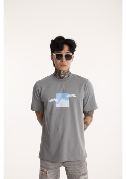 Bisiklet Yaka Erkek Kabaran Bulut Baskılı Pamuk T-Shirt