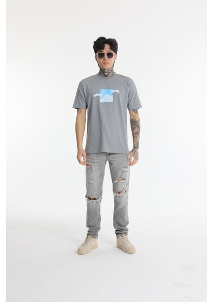 Bisiklet Yaka Erkek Kabaran Bulut Baskılı Pamuk T-Shirt