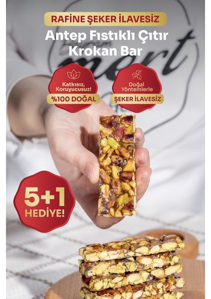 Şeker İlavesiz Antep Fıstıklı Çıtır Krokan Bar (6'lı Paket)