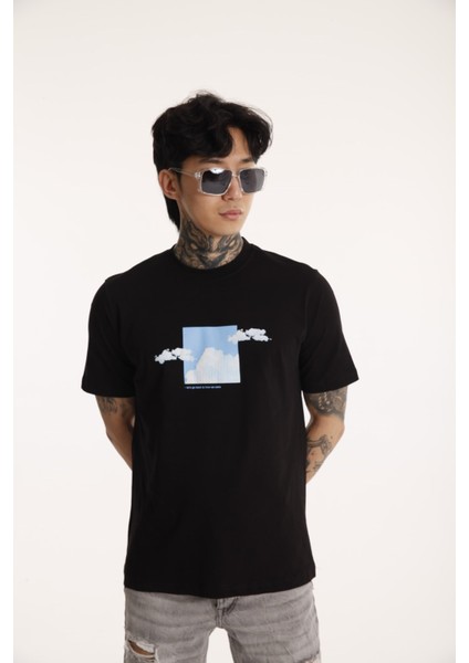 Bisiklet Yaka Erkek Kabaran Bulut Baskılı Pamuk T-Shirt