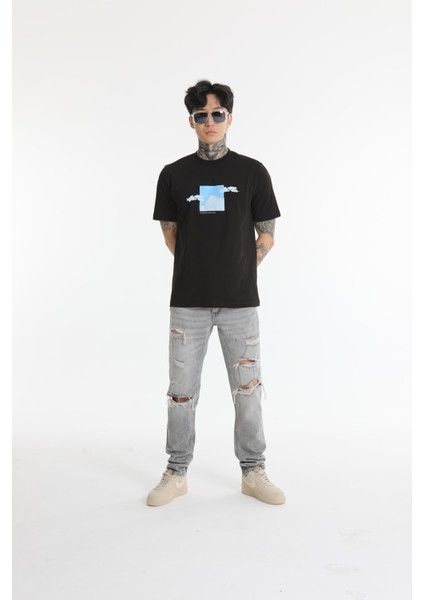 Bisiklet Yaka Erkek Kabaran Bulut Baskılı Pamuk T-Shirt