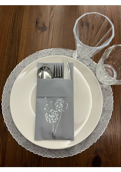 Gümüş Yaldızlı Kumaş Dokulu Air Laid Kanguru Hindiba Gri Cepli Peçete 6 Lı