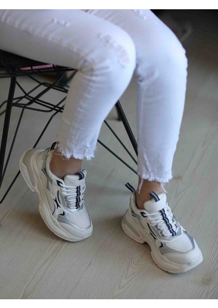 Cruz Beyaz Cilt Gümüş Desenli File Detaylı Kadın Sneaker Ayakkabı modelleri