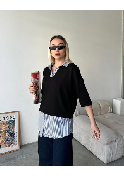 Gömlek Yakalı Eteği Gömlek Detaylı T-Shirt