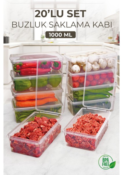 20 Adet 1000ML Kapaklı Derin Dondurucu Difriz Saklama Kabı - Buzdolabı Düzenleyici Buzluk Erzak Kabı