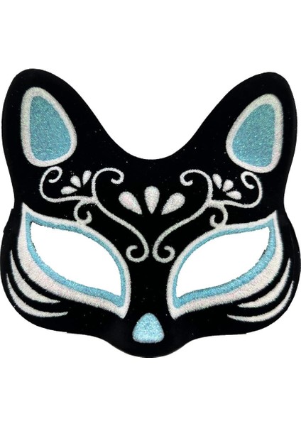 Çocuk Siyah Renk Süet Kaplama Üzeri Gümüş Mavi Simli Kedi Maskesi 17X14 cm fiyatları