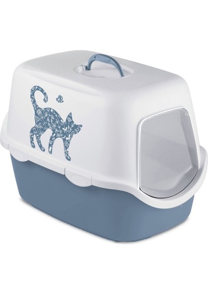 Stefanplast Cathy Griffe Kedi Desenli Kapalı Kedi Tuvaleti Beyaz/Mavi 56x40x40 Cm