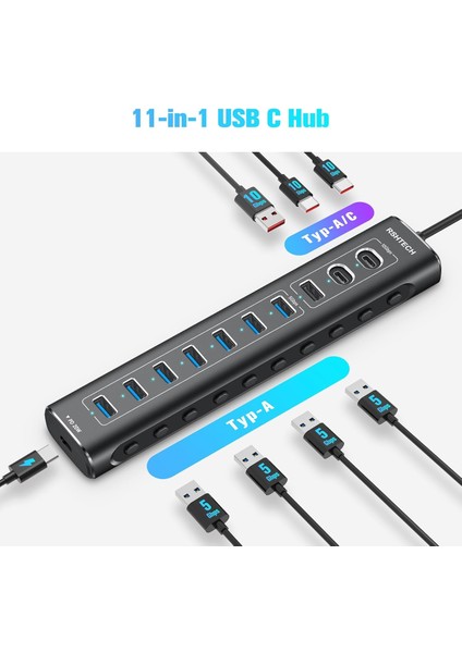 11 Port Güçlendirilmiş USB C Hub 2X10 Gbps USB C 1X10 Gbps USB A Pd 20W 7x USB 3.0 5gbps Hub