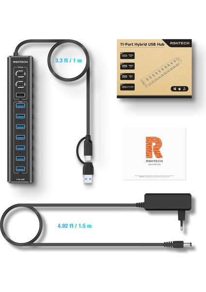 11 Port Güçlendirilmiş USB C Hub 2X10 Gbps USB C 1X10 Gbps USB A Pd 20W 7x USB 3.0 5gbps Hub