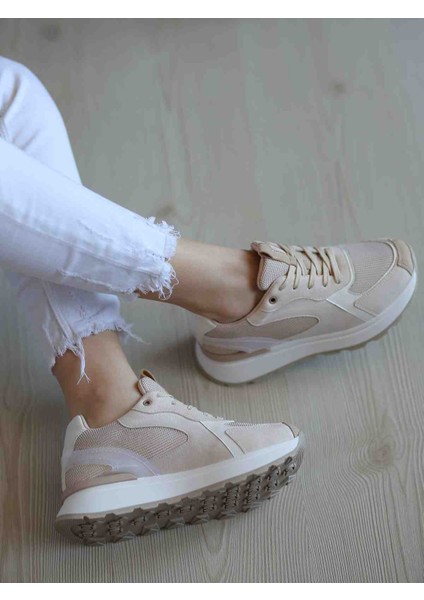Alehandro Pudra Süet Kaymaz Kauçuk Taban File Detaylı Kadın Sneaker Ayakkabı