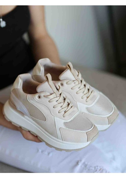 Alehandro Pudra Süet Kaymaz Kauçuk Taban File Detaylı Kadın Sneaker Ayakkabı