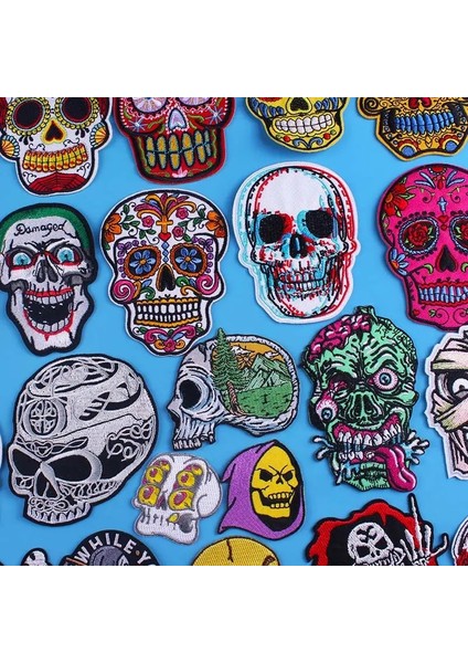 PE5815CT Stili Kafatası Demir On Işlemeli Yamalar Giyim Için Termoadhesive Yamalar Hippi Yama Biker Punk Çizgili Kumaş Rozeti Kafatası Yama (Yurt Dışından) fiyatları