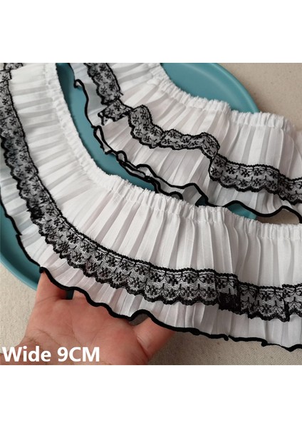 9cm Geniş Beyaz Siyah 3D Pileli Şifon Kumaş Nakış Saçak Şerit Dantel Kenar Trim Elbise Gipür Ekleme Dikiş Malzemeleri (Yurt Dışından)