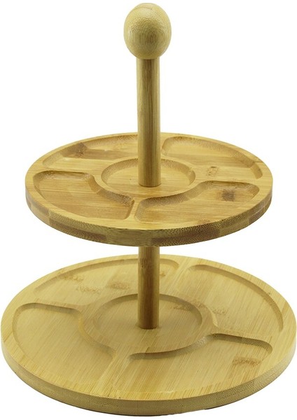 5 Bölmeli - Yuvarlak - 2 Katlı Ahşap Bambu Sunumluk Çap: 19.5cm -- 24.5cm