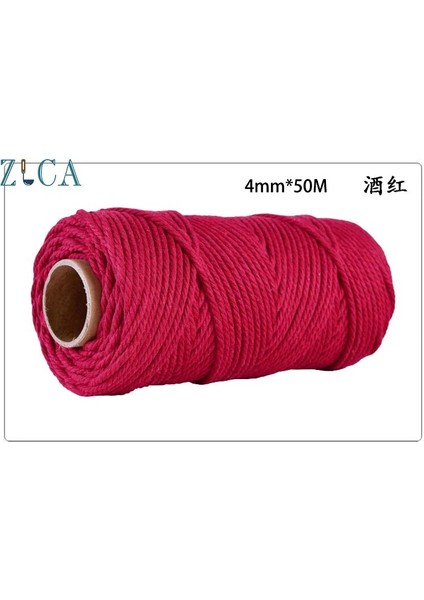 Şarap Kırmızısı Stili 4mm X50M Halat Bükülmüş Kordon 100% Pamuk Halat Renkli Sicim Makrome Kordon Dize Iplik Parti Düğün Dekorasyon Için Dıy Kordon 4mm (Yurt Dışından)