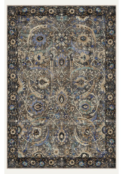 Vintage Siyah Zemin Floral Desenli Halı Bej ve Mavi Tonlarında Dijital Şönil Halı fiyatları