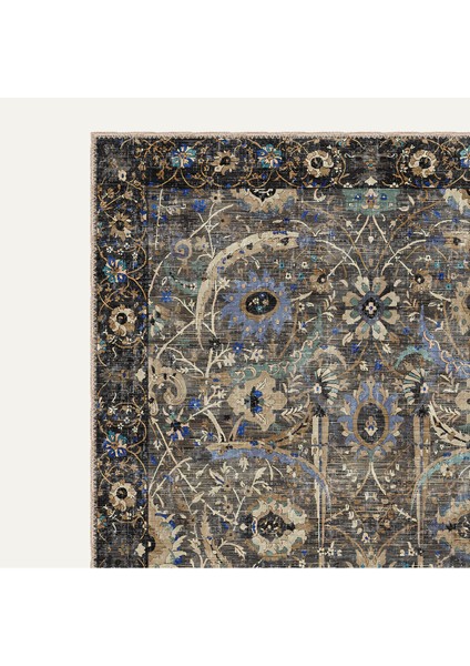 Vintage Siyah Zemin Floral Desenli Halı Bej ve Mavi Tonlarında Dijital Şönil Halı modelleri