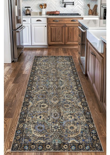 Vintage Siyah Zemin Floral Desenli Halı Bej ve Mavi Tonlarında Dijital Şönil Halı fırsatları