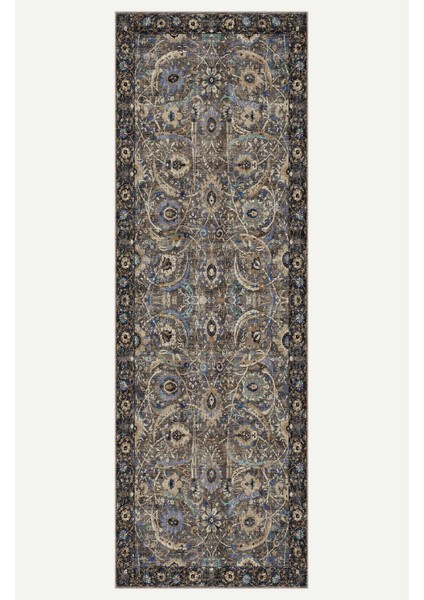 Vintage Siyah Zemin Floral Desenli Halı Bej ve Mavi Tonlarında Dijital Şönil Halı indirimleri