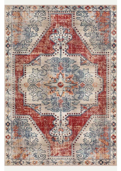 Kırmızı ve Mavi Tonlarında Geleneksel Anadolu Desenli Vintage Halı Dijital Şönil Halı fiyatları