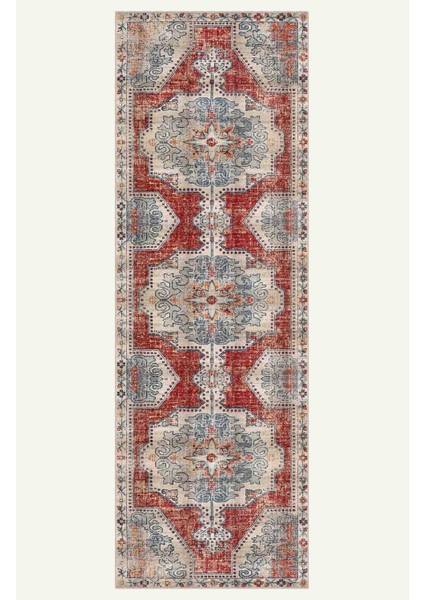 Kırmızı ve Mavi Tonlarında Geleneksel Anadolu Desenli Vintage Halı Dijital Şönil Halı indirimleri