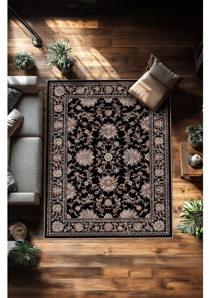 Vintage Halı Modern Motifli Siyah Bej Kilim Desenli Dijital Şönil Halı